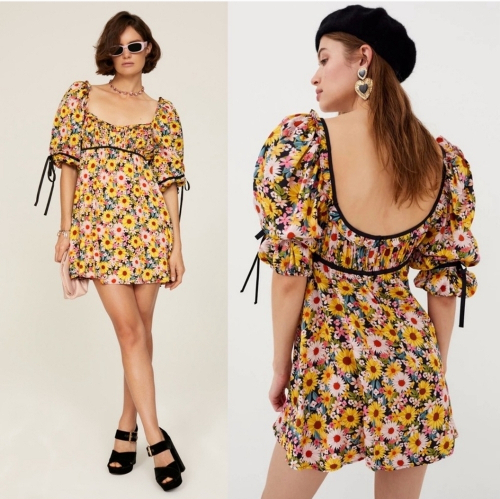 New!For Love And Lemons Yellow Floral  Sylvia Puff‎ Sleeve Mini Dress